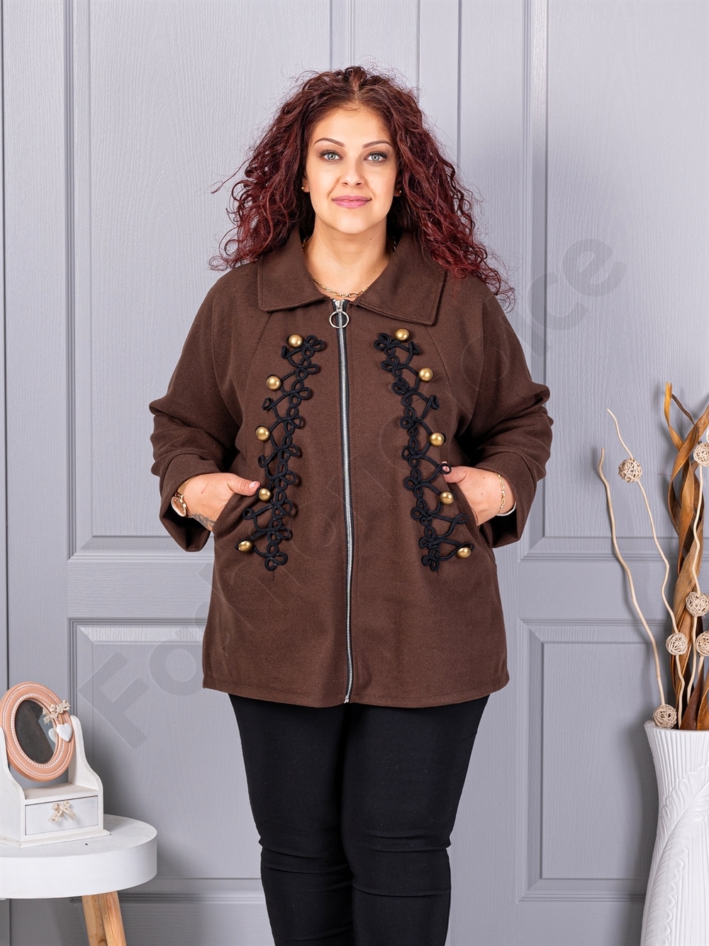 Jacheta maxi de dama din cașmir eco cu aplicatie-maro cod 9846-2