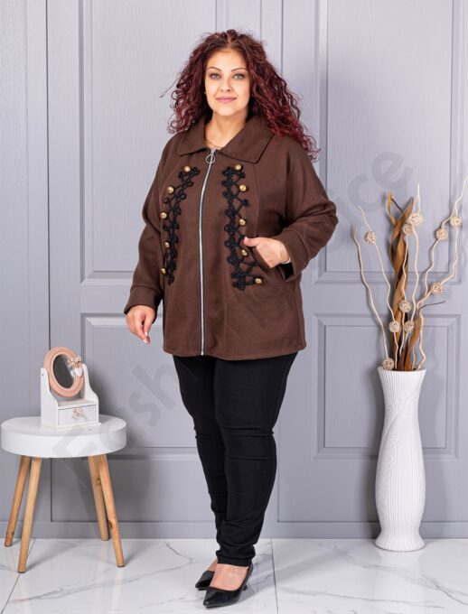 Jacheta maxi de dama din cașmir eco cu aplicatie-maro cod 9846-2