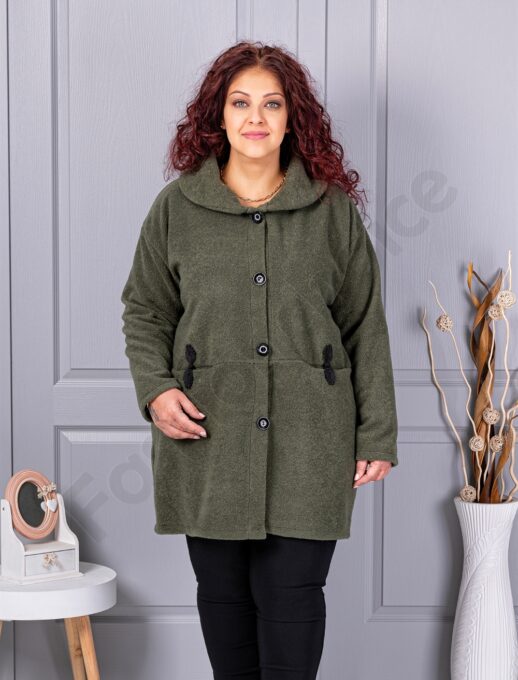Palton maxi din bucle finut cu guler șal si buzunare-kaki cod 9822-1