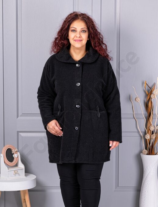 Palton maxi din bucle finut cu guler șal si buzunare-negru cod 9822