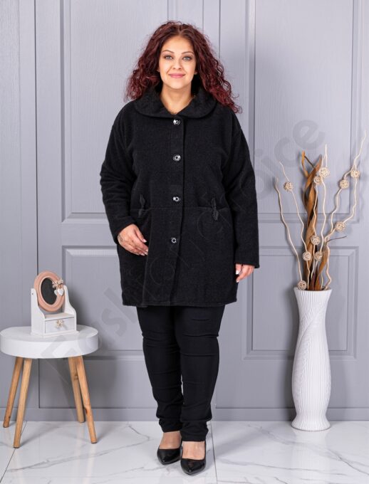 Palton maxi din bucle finut cu guler șal si buzunare-negru cod 9822