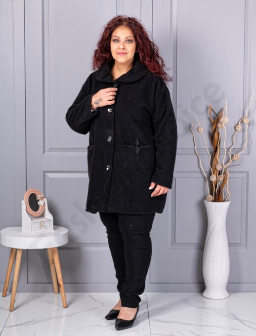 Palton maxi din bucle finut cu guler șal si buzunare-negru cod 9822