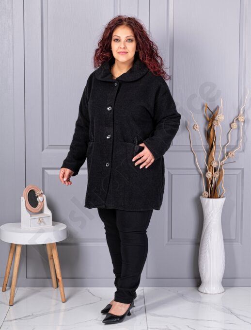 Palton maxi din bucle finut cu guler șal si buzunare-negru cod 9822