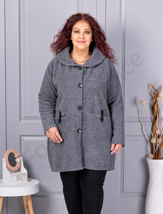 Palton maxi din bucle finut cu guler șal si buzunare-gri cod 9822-2