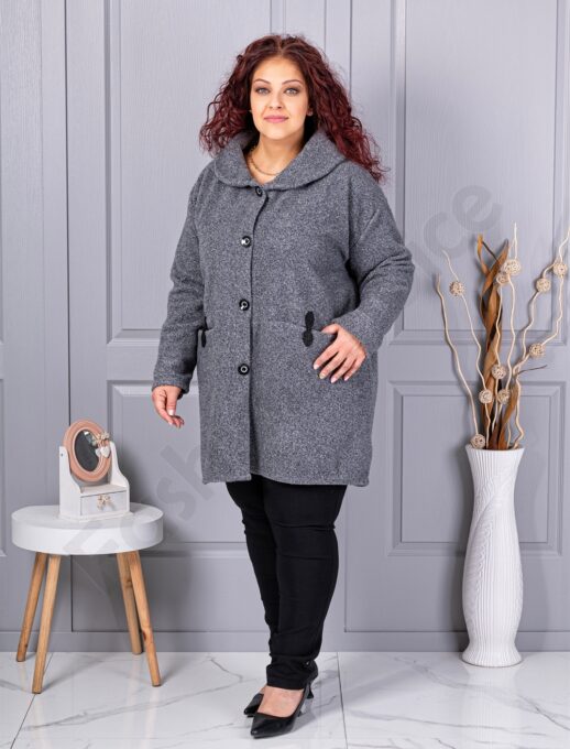 Palton maxi din bucle finut cu guler șal si buzunare-gri cod 9822-2