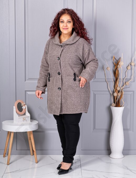 Palton maxi din bucle finut cu guler șal si buzunare-moca cod 9822-3