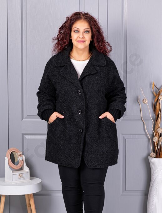 Palton maxi gros din bucle cu rever dublu-negru cod 3112