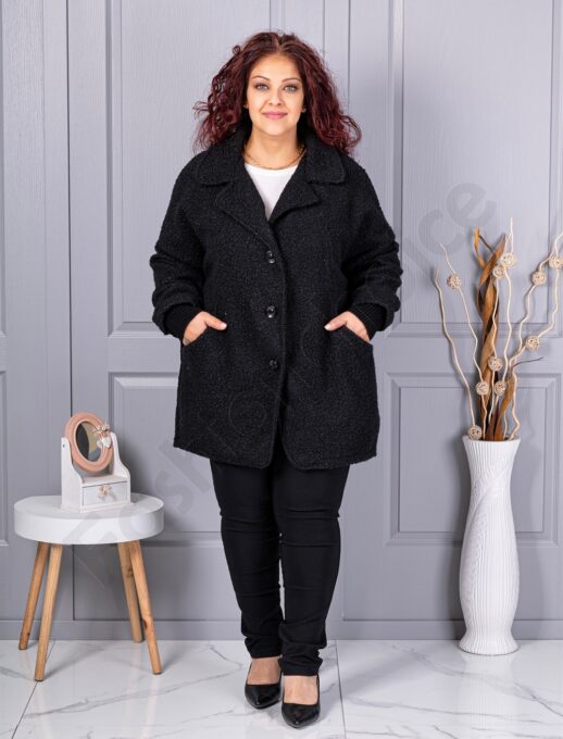 Palton maxi gros din bucle cu rever dublu-negru cod 3112