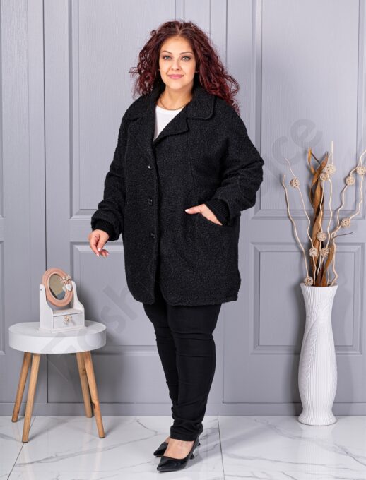 Palton maxi gros din bucle cu rever dublu-negru cod 3112