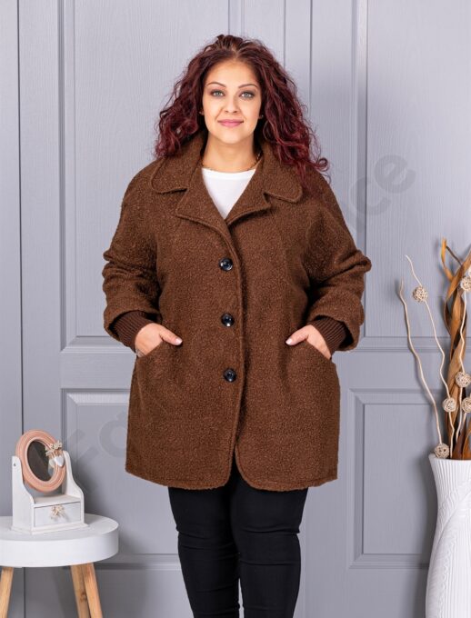 Palton maxi gros din bucle cu rever dublu-ciocolata cod 3112-2