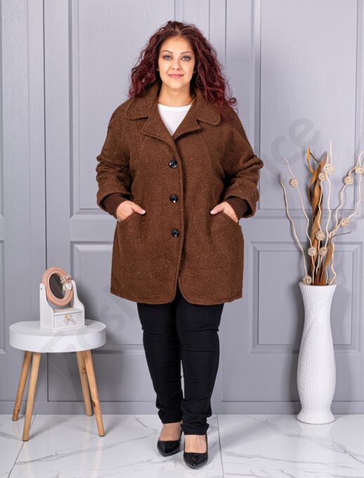 Palton maxi gros din bucle cu rever dublu-ciocolata cod 3112-2