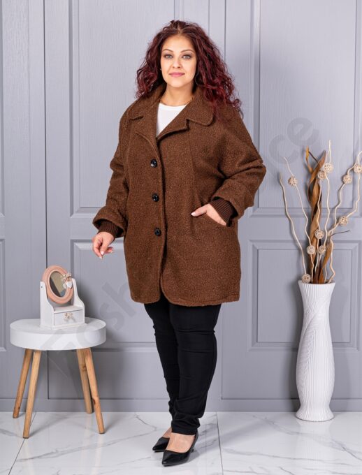Palton maxi gros din bucle cu rever dublu-ciocolata cod 3112-2