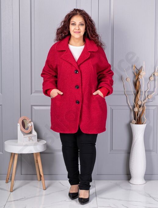 Palton maxi gros din bucle cu rever dublu-rosu cod 3112-4