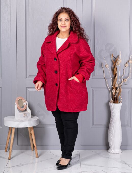Palton maxi gros din bucle cu rever dublu-rosu cod 3112-4