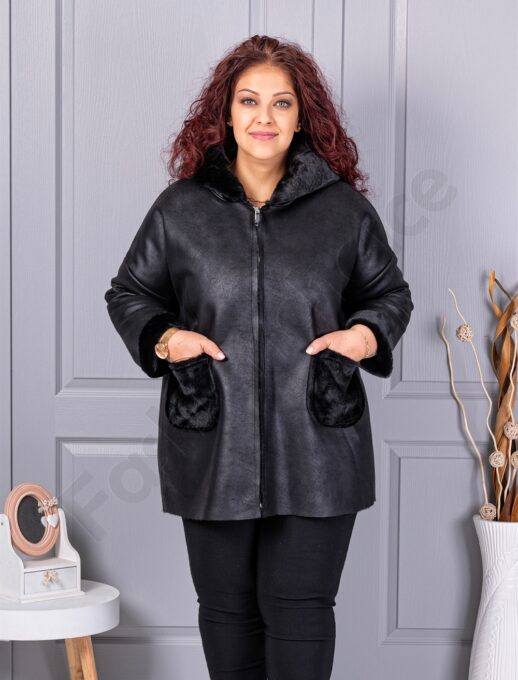 Palton maxi din nubuc eco cu gluga si captuseala din blana eco-negru cod 9602