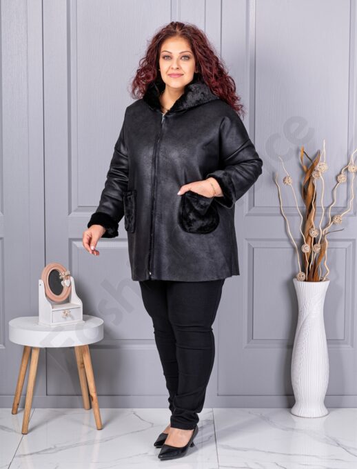 Palton maxi din nubuc eco cu gluga si captuseala din blana eco-negru cod 9602