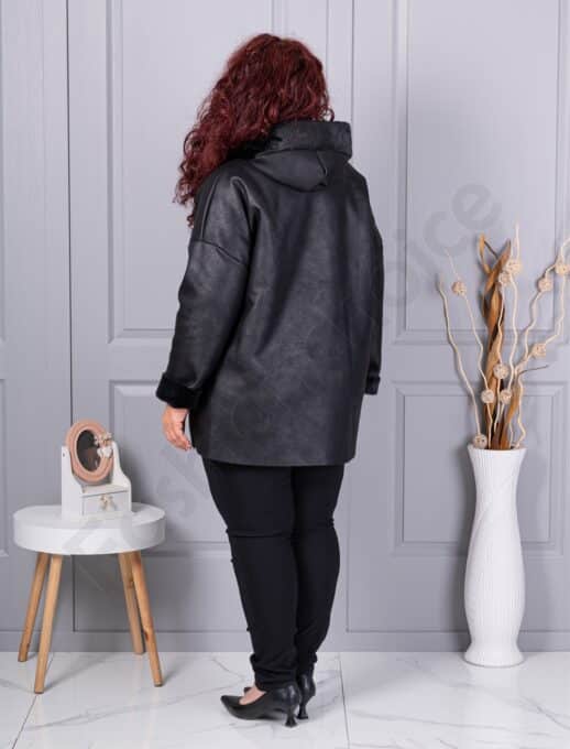 Palton maxi din nubuc eco cu gluga si captuseala din blana eco-negru cod 9602