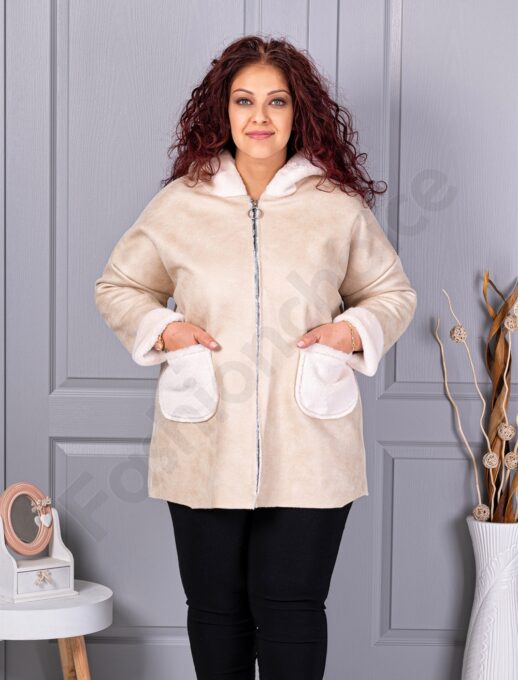 Palton maxi din nubuc eco cu gluga si captuseala din blana eco-capucino cod 9602-3