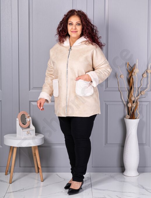 Palton maxi din nubuc eco cu gluga si captuseala din blana eco-capucino cod 9602-3