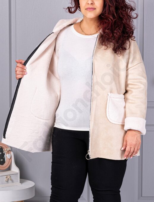 Palton maxi din nubuc eco cu gluga si captuseala din blana eco-capucino cod 9602-3