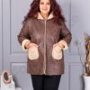 Palton maxi din nubuc eco cu gluga si captuseala din blana eco-vintage maro cod 9602-2