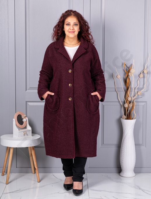 Palton maxi lung si gros din bucle cu buzunare-burgundy cod 6247-1