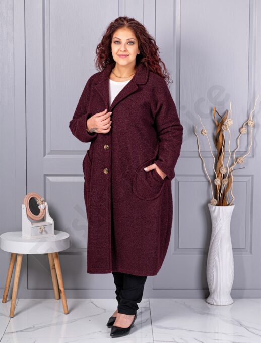Palton maxi lung si gros din bucle cu buzunare-burgundy cod 6247-1