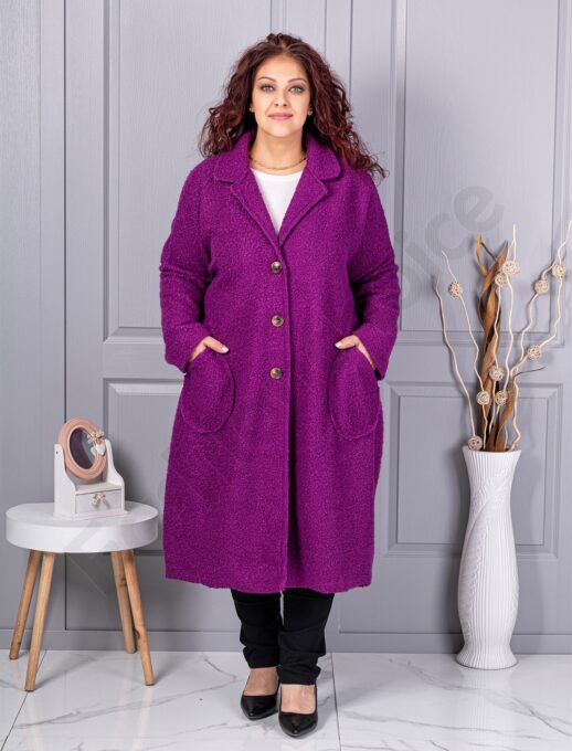 Palton maxi lung si gros din bucle cu buzunare-magenta cod 6247-5