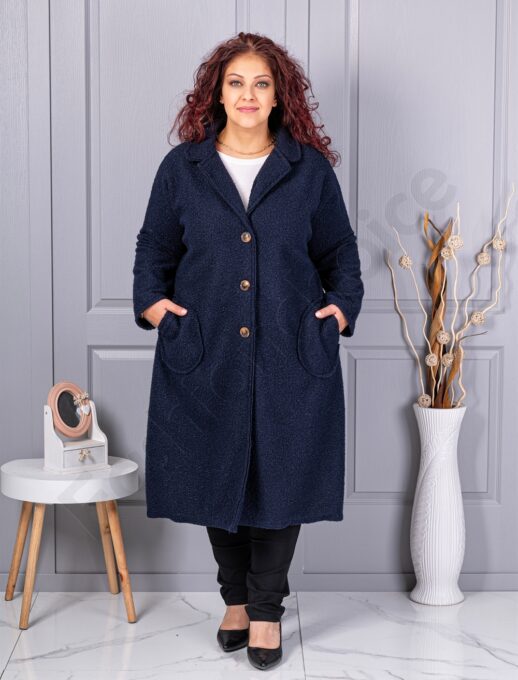 Palton maxi lung si gros din bucle cu buzunare-albastru inchis cod 6247-6
