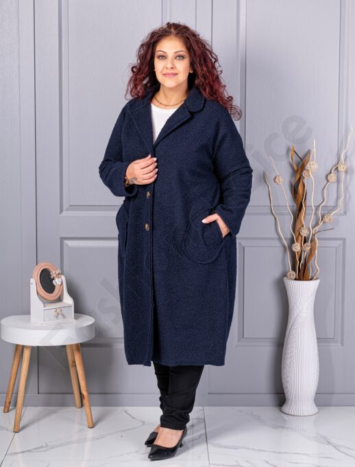 Palton maxi lung si gros din bucle cu buzunare-albastru inchis cod 6247-6