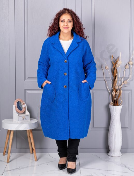 Palton maxi lung si gros din bucle cu buzunare-albastru regal cod 6247-7