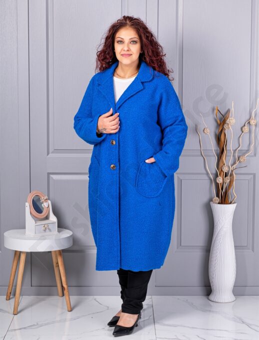 Palton maxi lung si gros din bucle cu buzunare-albastru regal cod 6247-7