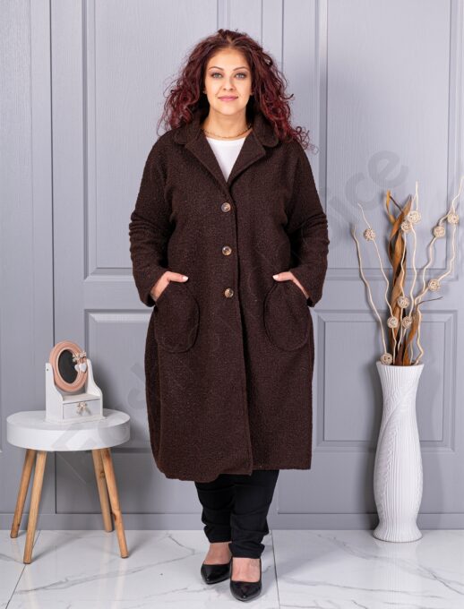 Palton maxi lung si gros din bucle cu buzunare-maro cod 6247-8