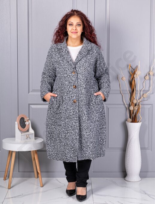 Palton maxi lung si gros din bucle cu buzunare-gri melanj cod 6247-2