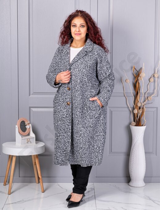 Palton maxi lung si gros din bucle cu buzunare-gri melanj cod 6247-2