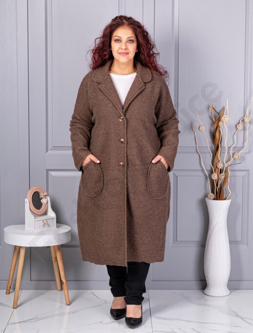 Palton maxi lung si gros din bucle cu buzunare-camel cod 6247-3