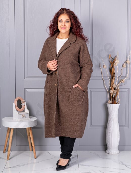 Palton maxi lung si gros din bucle cu buzunare-camel cod 6247-3
