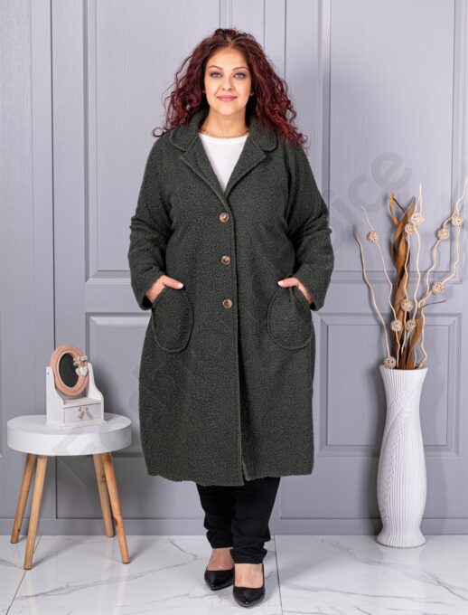 Palton maxi lung si gros din bucle cu buzunare-kaki cod 6247-4