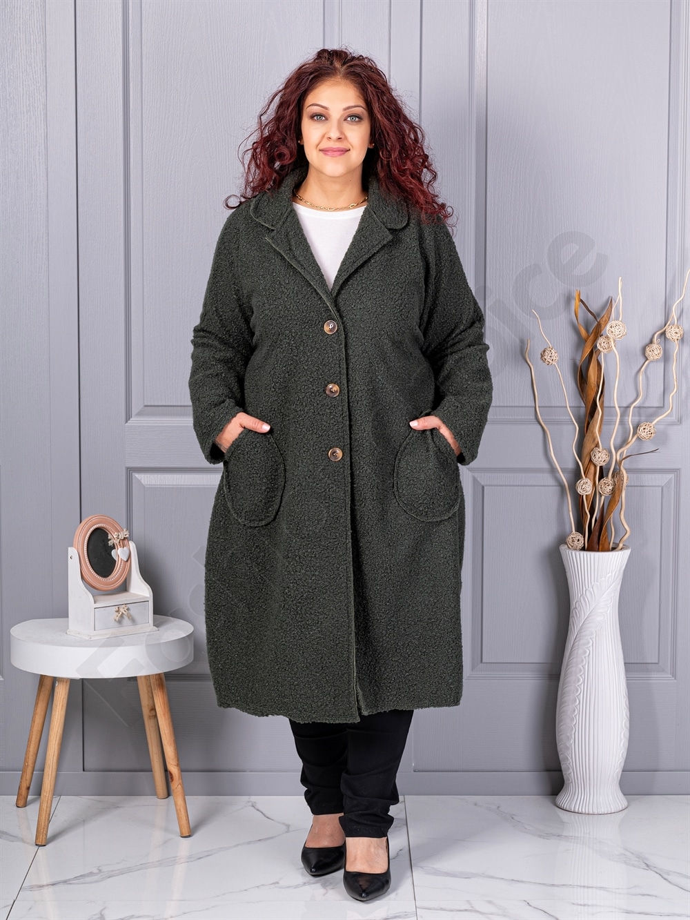 Palton maxi lung si gros din bucle cu buzunare-kaki cod 6247-4