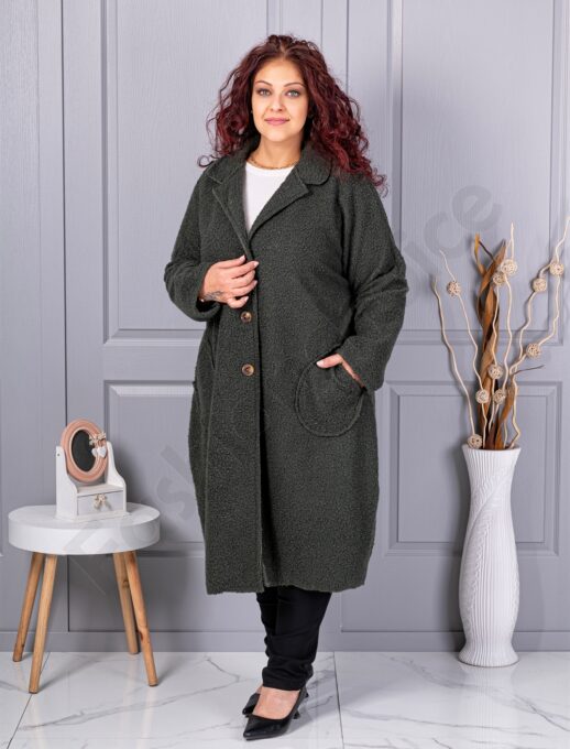 Palton maxi lung si gros din bucle cu buzunare-kaki cod 6247-4