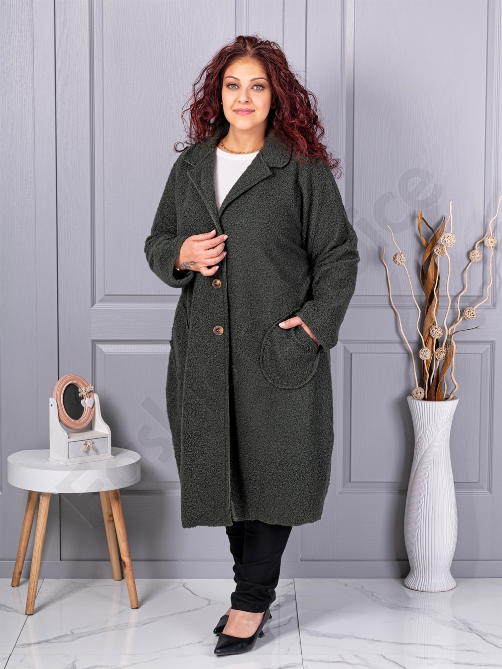 Palton maxi lung si gros din bucle cu buzunare-kaki cod 6247-4