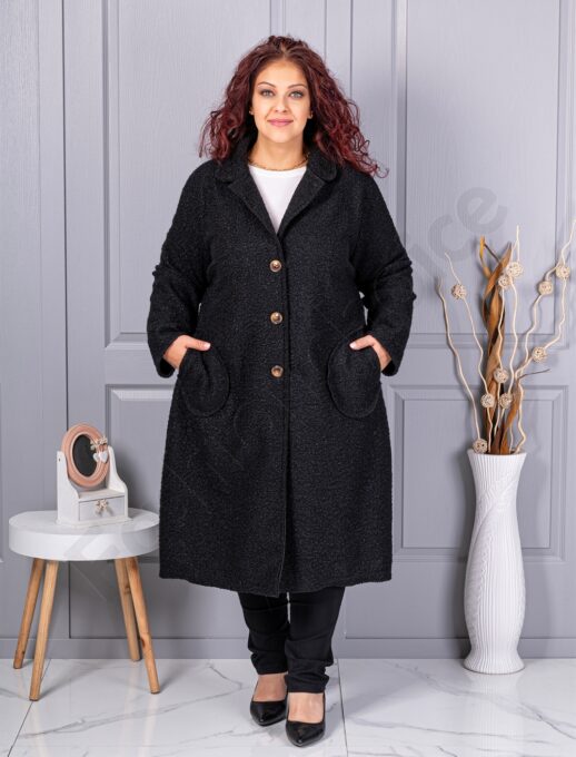 Palton maxi lung si gros din bucle cu buzunare-negru cod 6247