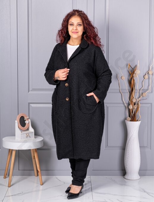 Palton maxi lung si gros din bucle cu buzunare-negru cod 6247