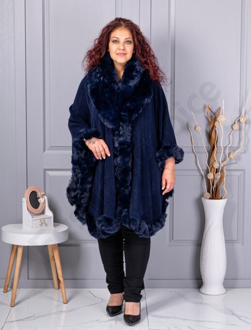 Pelerina maxi cocheta cu blana eco-albastru inchis cod 293-3