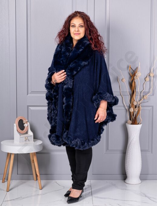 Pelerina maxi cocheta cu blana eco-albastru inchis cod 293-3