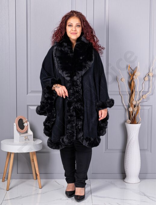 Pelerina maxi cocheta cu blana eco-negru cod 293