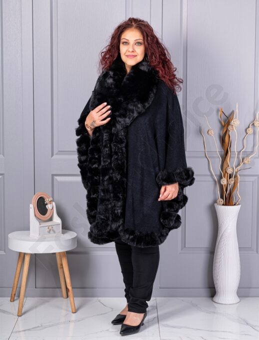 Pelerina maxi cocheta cu blana eco-negru cod 293