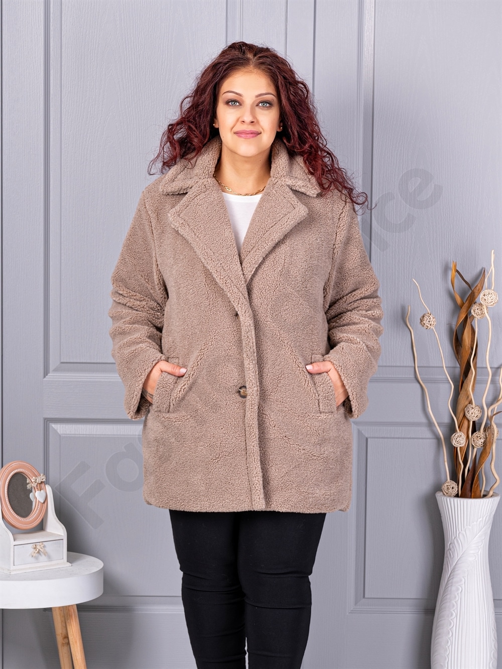 Palton maxi Teddy Bear cu rever dublu-moca cod 230159-1