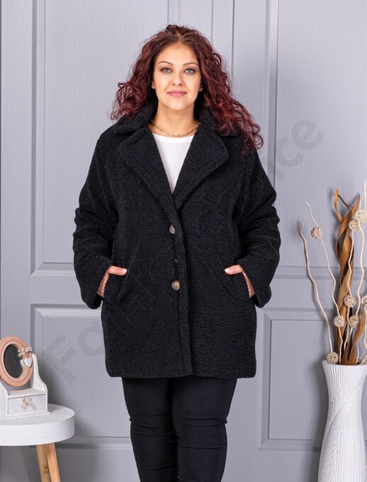 Palton maxi Teddy Bear cu rever dublu-negru cod 230159