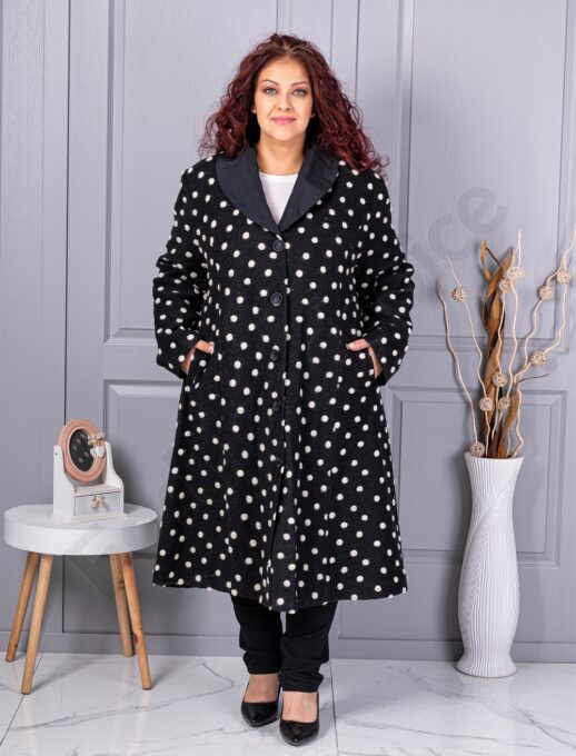Palton maxi de dama din lana cu imprimeu buline cod 10541